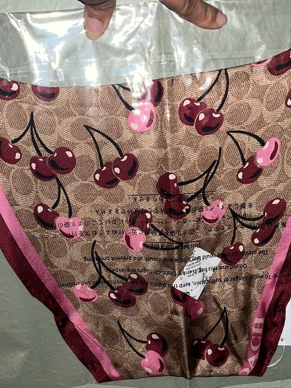 Coach Signature Cherry Swirl Print Silk Diamond Scarf - Picture 2 of 2